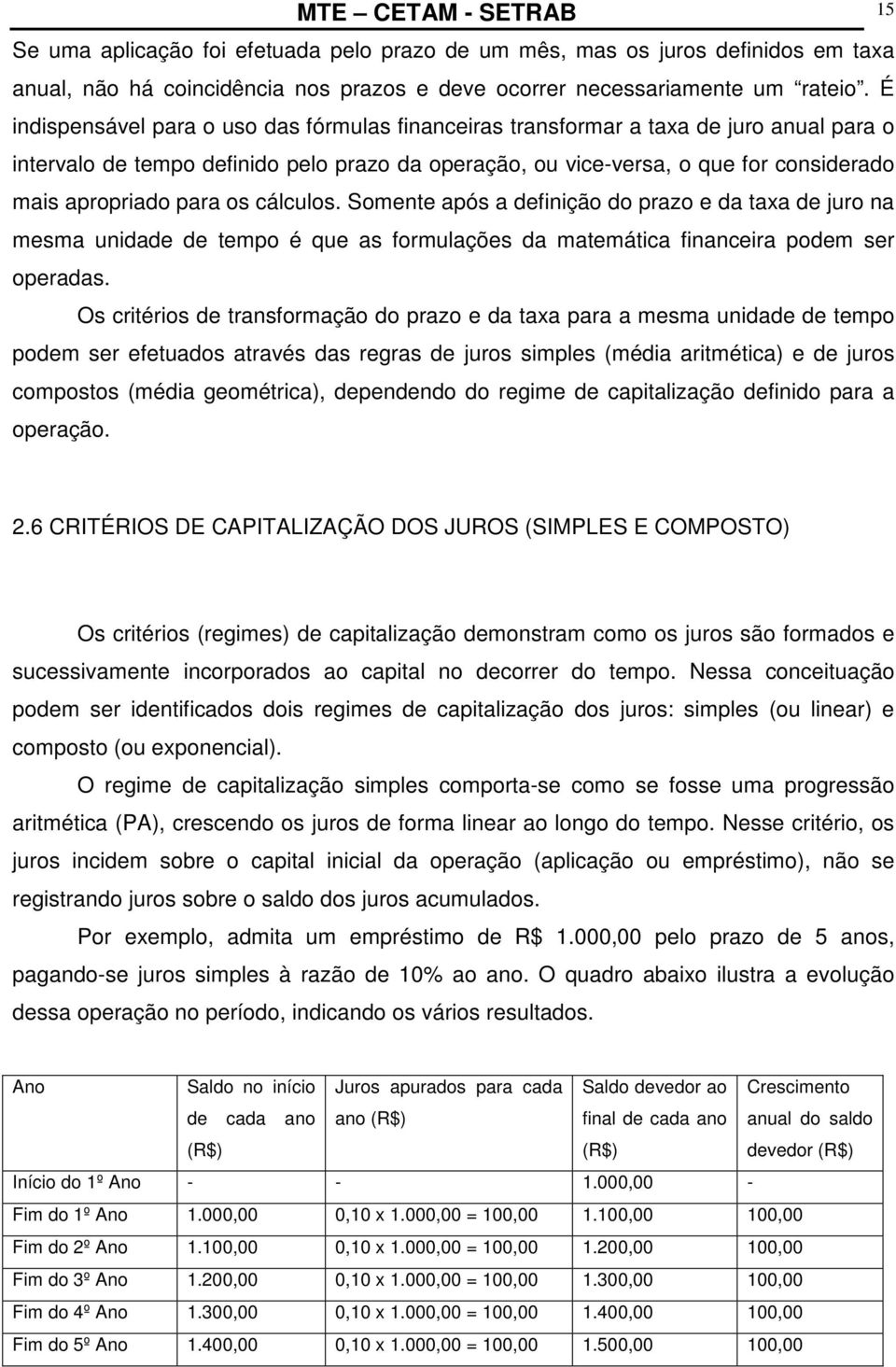 para os cálculos. Somente após a definição do prazo e da taxa de juro na mesma unidade de tempo é que as formulações da matemática financeira podem ser operadas.