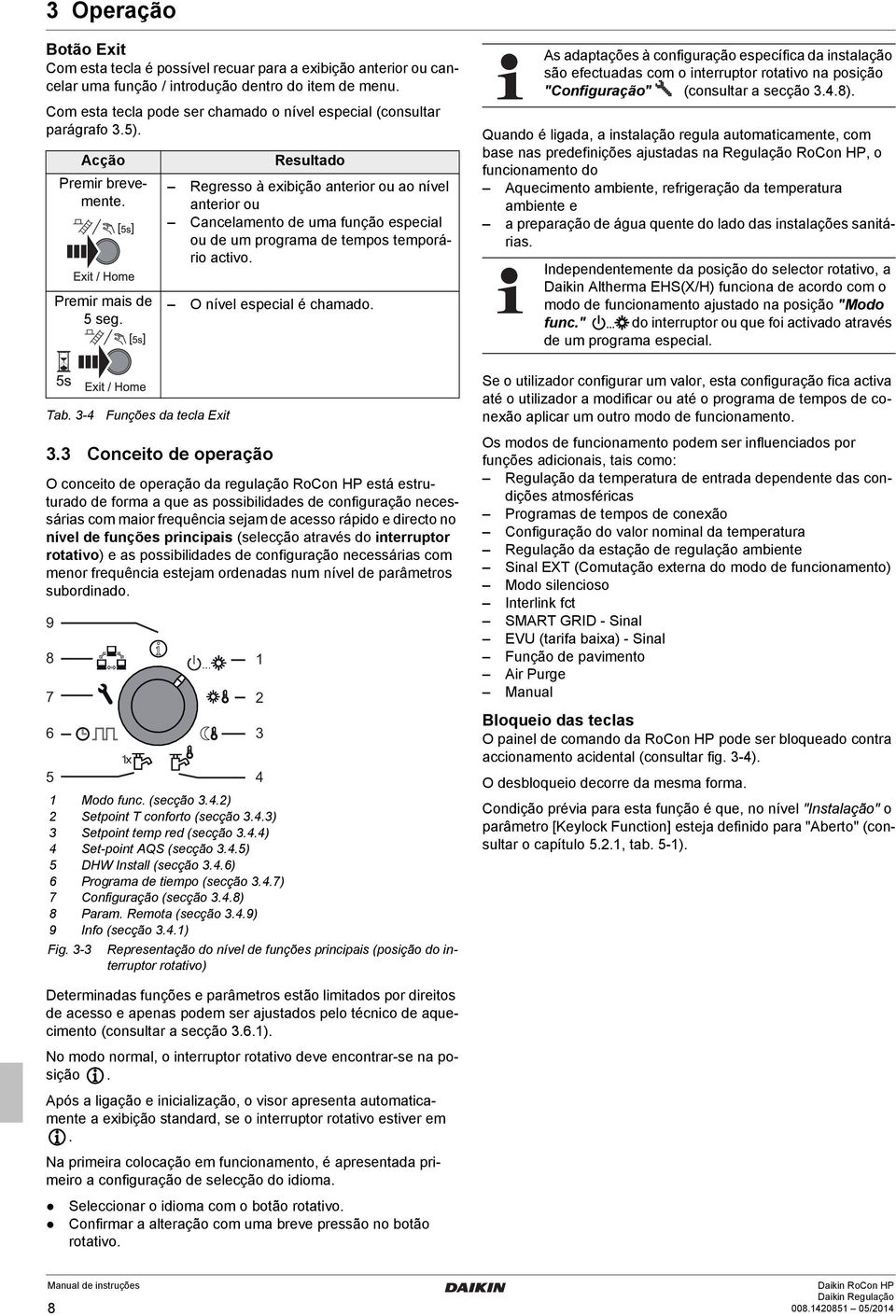 Resultado Regresso à exibição anterior ou ao nível anterior ou Cancelamento de uma função especial ou de um programa de tempos temporário activo. O nível especial é chamado.