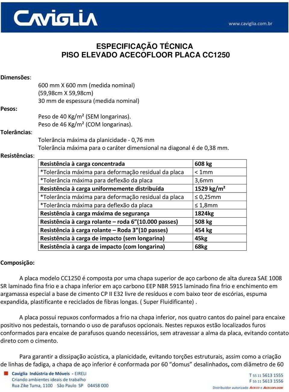 Resistência à carga concentrada *Tolerância máxima para deformação residual da placa *Tolerância máxima para deflexão da placa Resistência à carga uniformemente distribuída *Tolerância máxima para