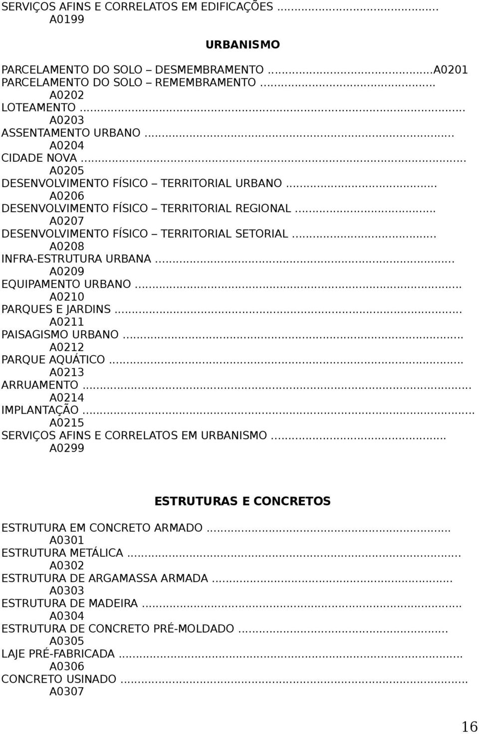 .. A0208 INFRA-ESTRUTURA URBANA... A0209 EQUIPAMENTO URBANO... A0210 PARQUES E JARDINS... A0211 PAISAGISMO URBANO... A0212 PARQUE AQUÁTICO... A0213 ARRUAMENTO... A0214 IMPLANTAÇÃO.