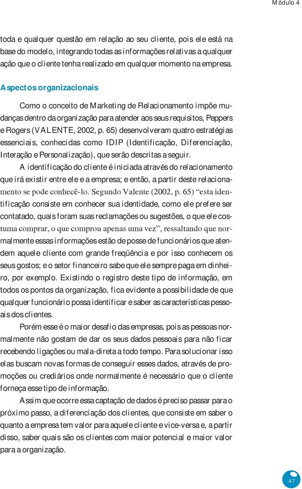 65) desenvolveram quatro estratégias essenciais, conhecidas como IDIP (Identificação, Diferenciação, Interação e Personalização), que serão descritas a seguir.