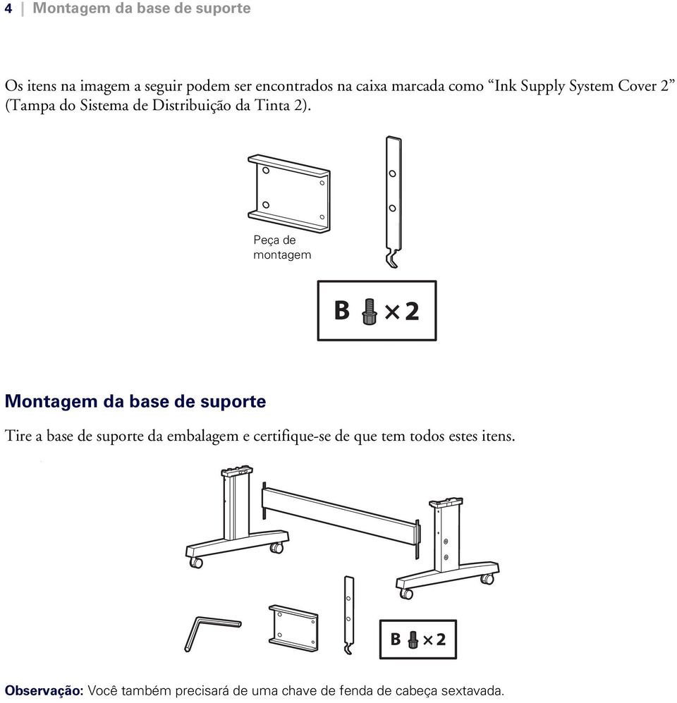 Peça de montagem Montagem da base de suporte Tire a base de suporte da embalagem e