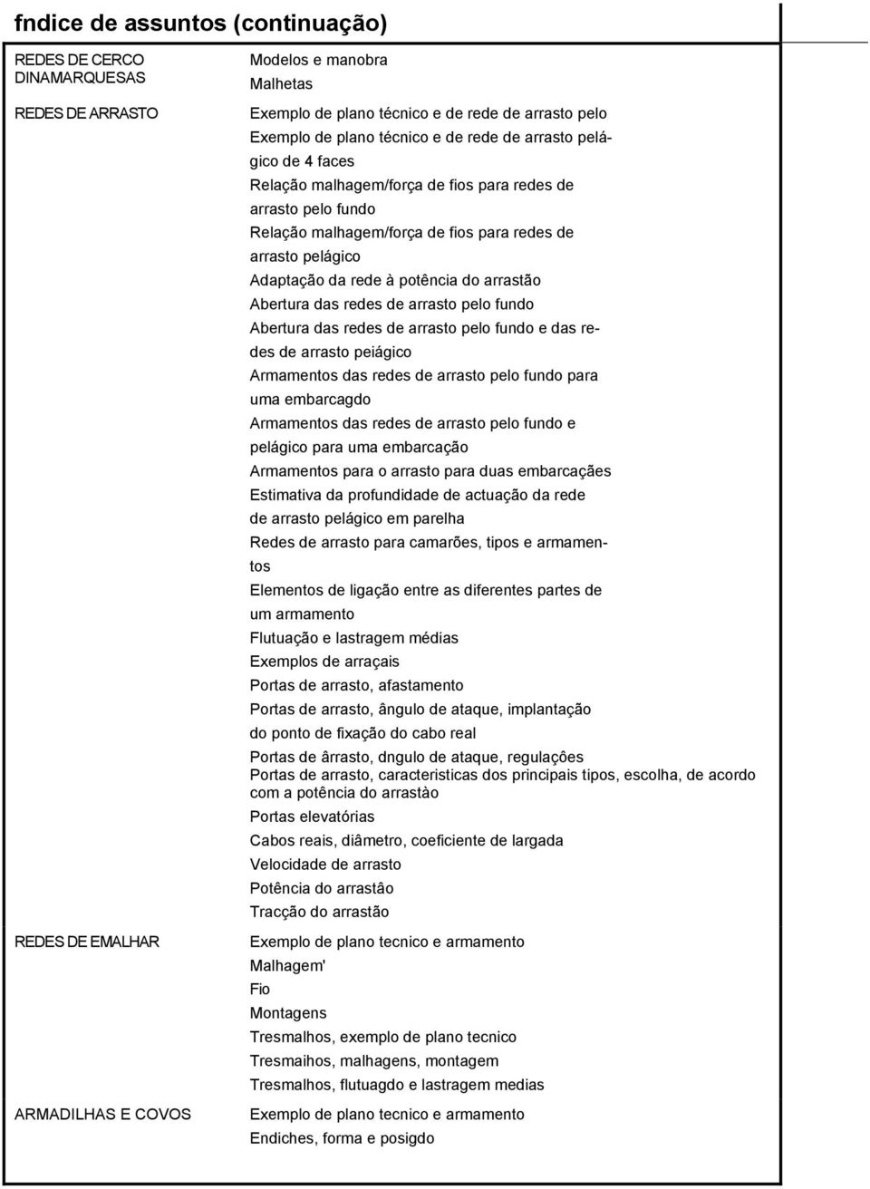 Adaptação da rede à potência do arrastão Abertura das redes de arrasto pelo fundo Abertura das redes de arrasto pelo fundo e das redes de arrasto peiágico Armamentos das redes de arrasto pelo fundo