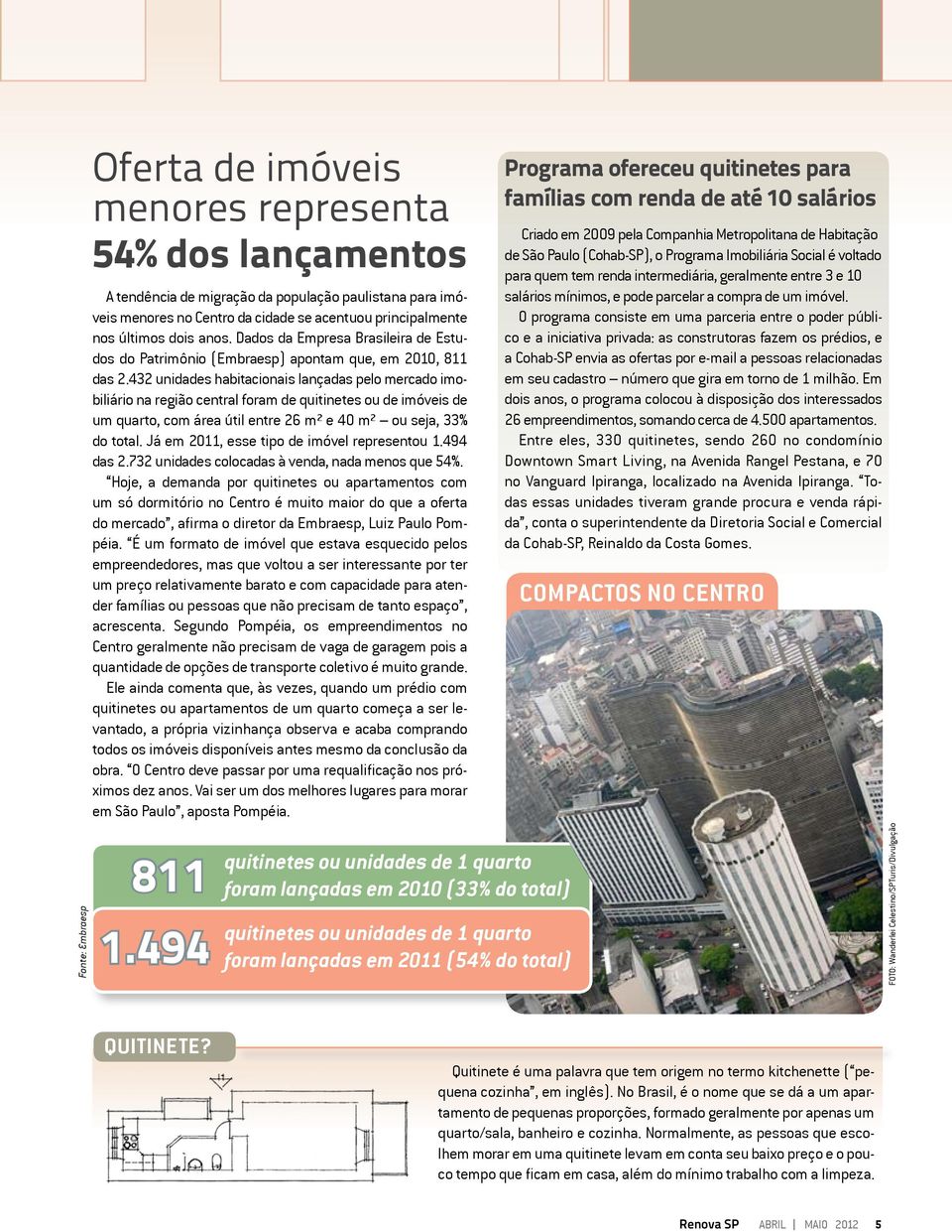 432 unidades habitacionais lançadas pelo mercado imobiliário na região central foram de quitinetes ou de imóveis de um quarto, com área útil entre 26 m² e 40 m² ou seja, 33% do total.