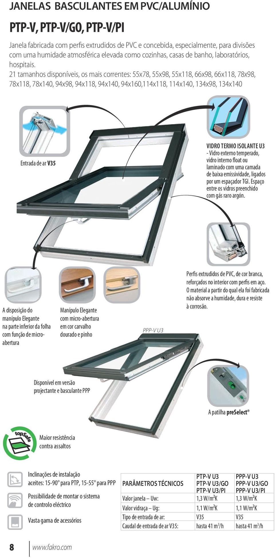 21 tamanhos disponíveis, os mais correntes: 55x78, 55x98, 55x118, 66x98, 66x118, 78x98, 78x118, 78x140, 94x98, 94x118, 94x140, 94x160,114x118, 114x140, 134x98, 134x140 Entrada de ar V35 VIDRO TERMO