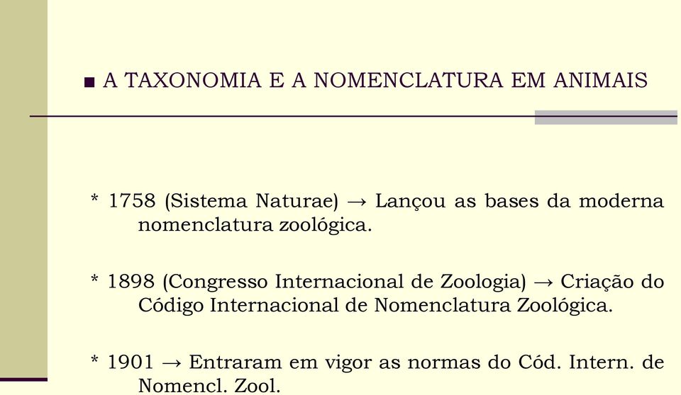 * 1898 (Congresso Internacional de Zoologia) Criação do