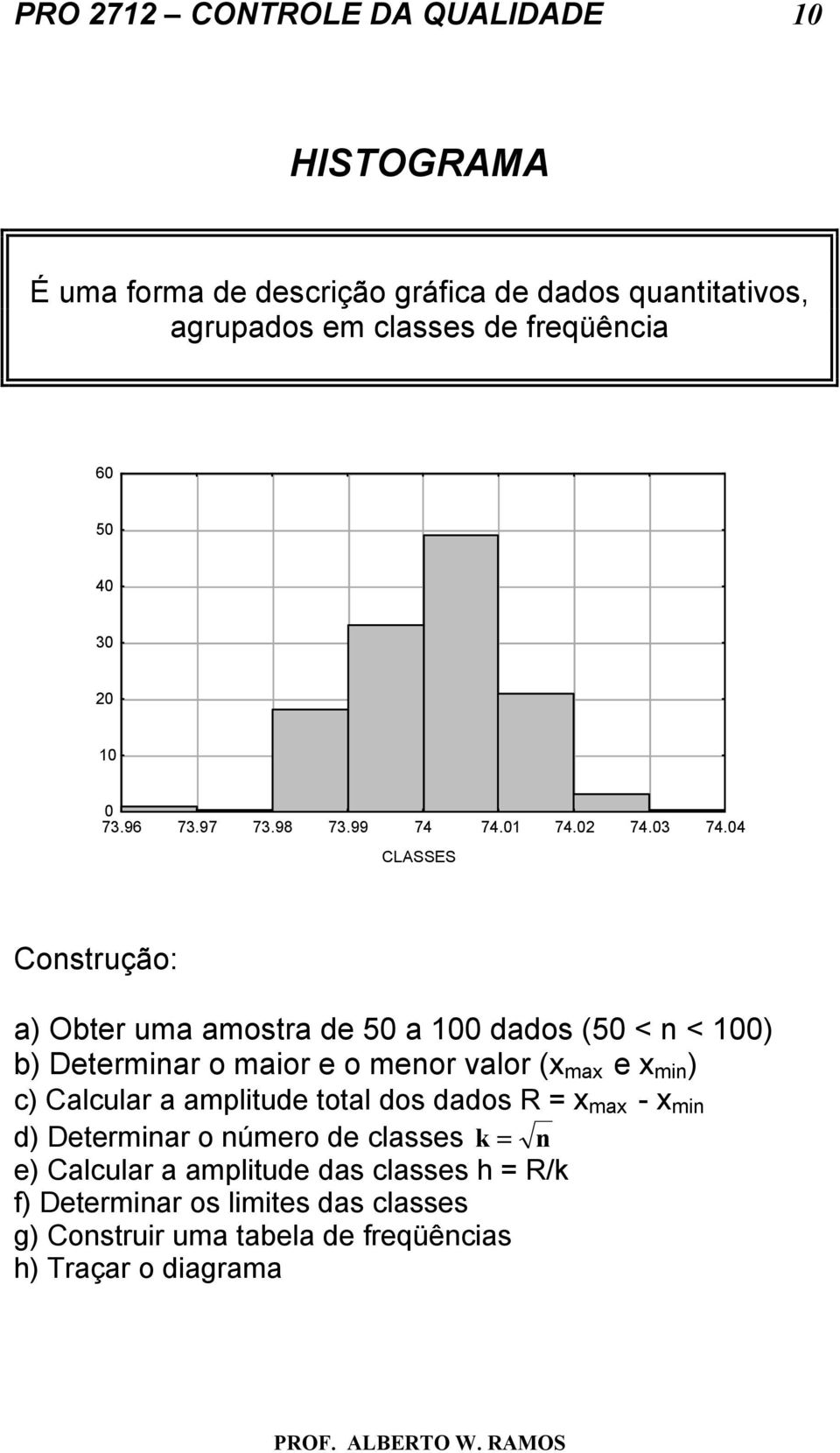 04 CLASSES Construção: a) Obter uma amostra de 50 a 100 dados (50 < n < 100) b) Determinar o maior e o menor valor (x max e x min ) c) Calcular