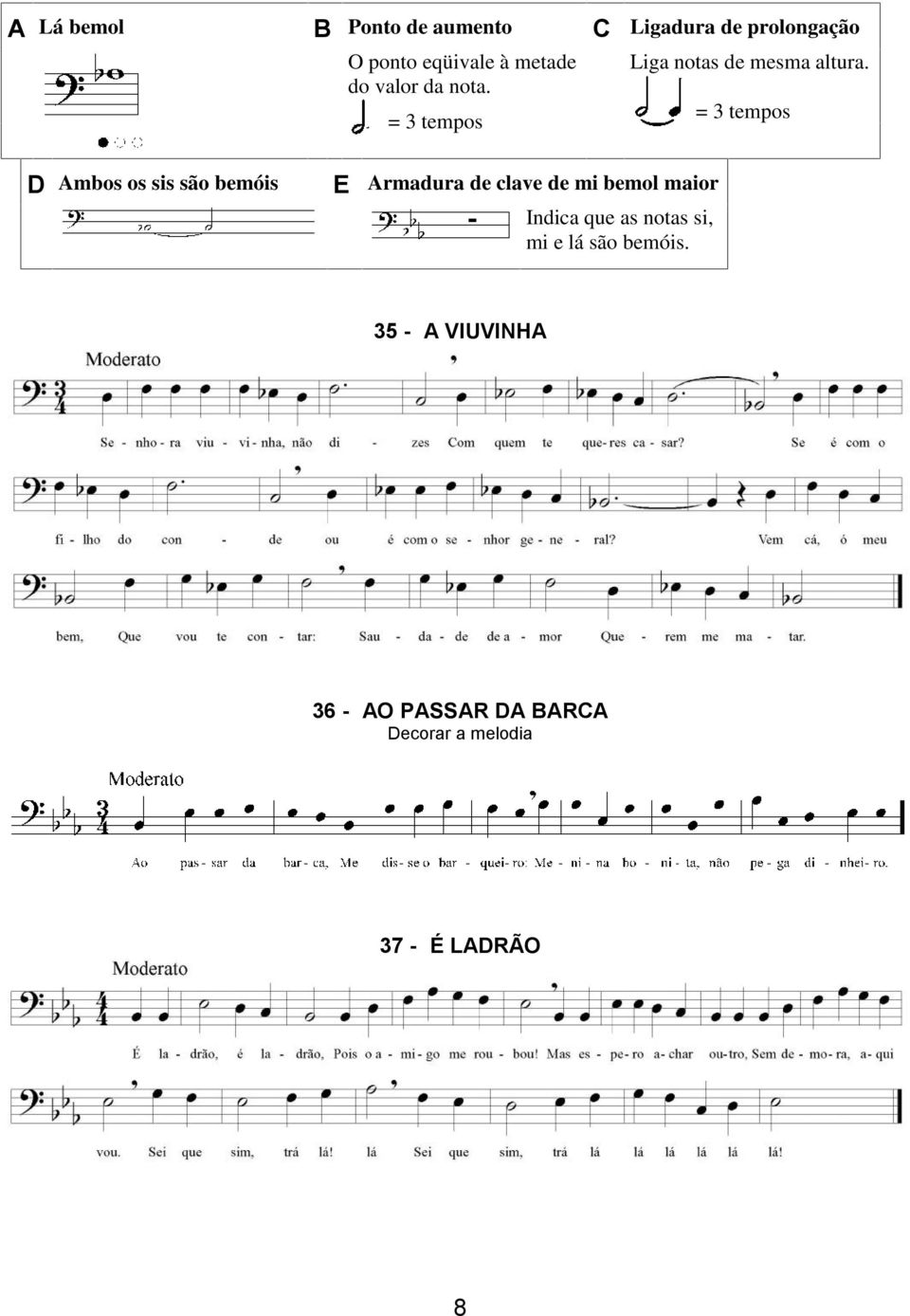 = 3 tempos = 3 tempos D Ambos os sis são bemóis Liga notas de mesma altura.