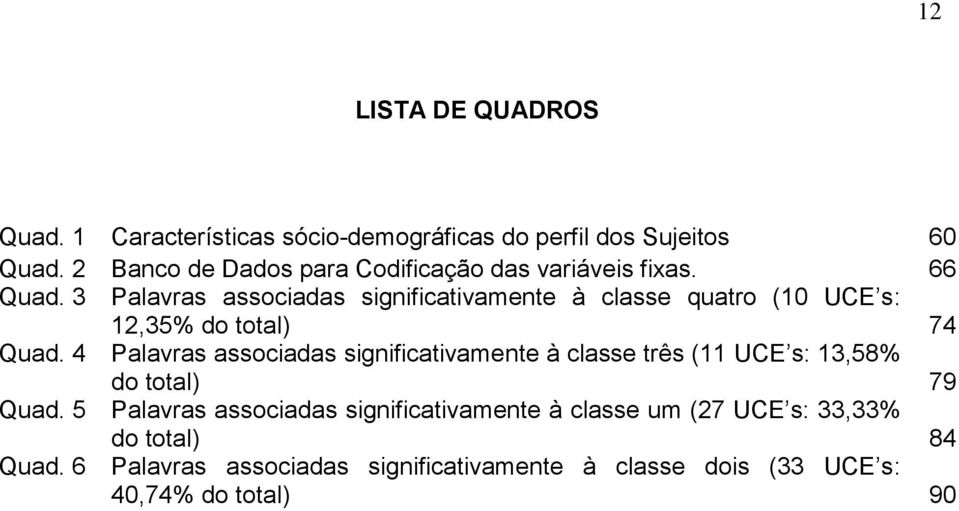 3 Palavras associadas significativamente à classe quatro (10 UCE s: 12,35% do total) 74 Quad.