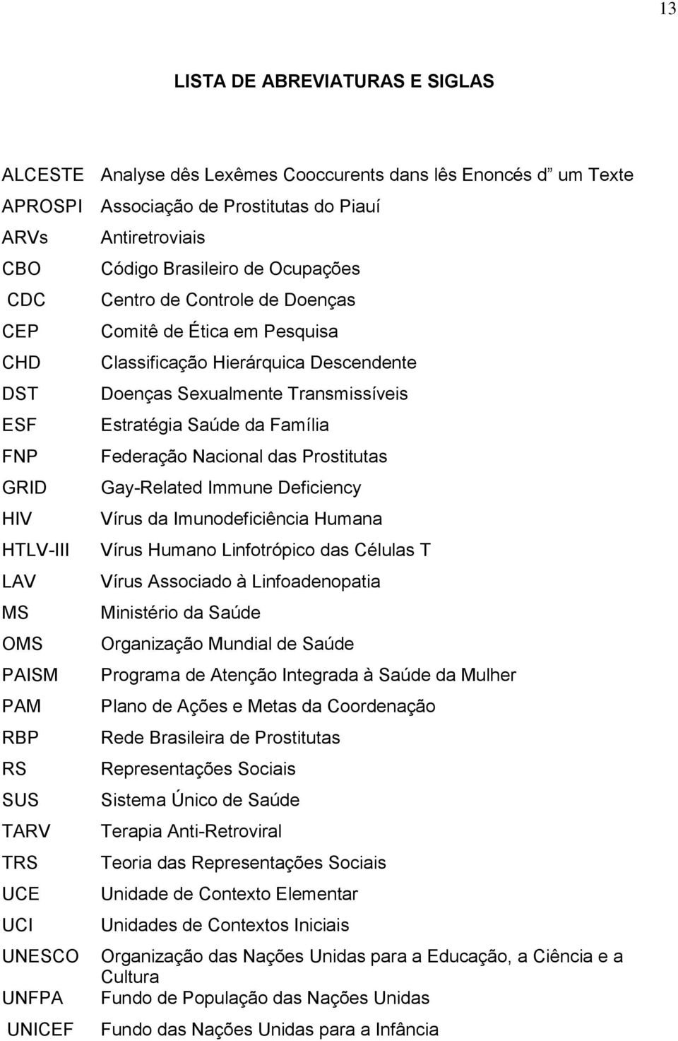 Nacional das Prostitutas GRID Gay-Related Immune Deficiency HIV Vírus da Imunodeficiência Humana HTLV-III Vírus Humano Linfotrópico das Células T LAV Vírus Associado à Linfoadenopatia MS Ministério