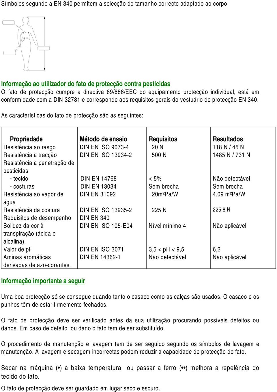 As características do fato de protecção são as seguintes: Propriedade Método de ensaio Requisitos Resultados Resistência ao rasgo DIN EN ISO 9073-4 20 N 118 N / 45 N Resistência à tracção DIN EN ISO