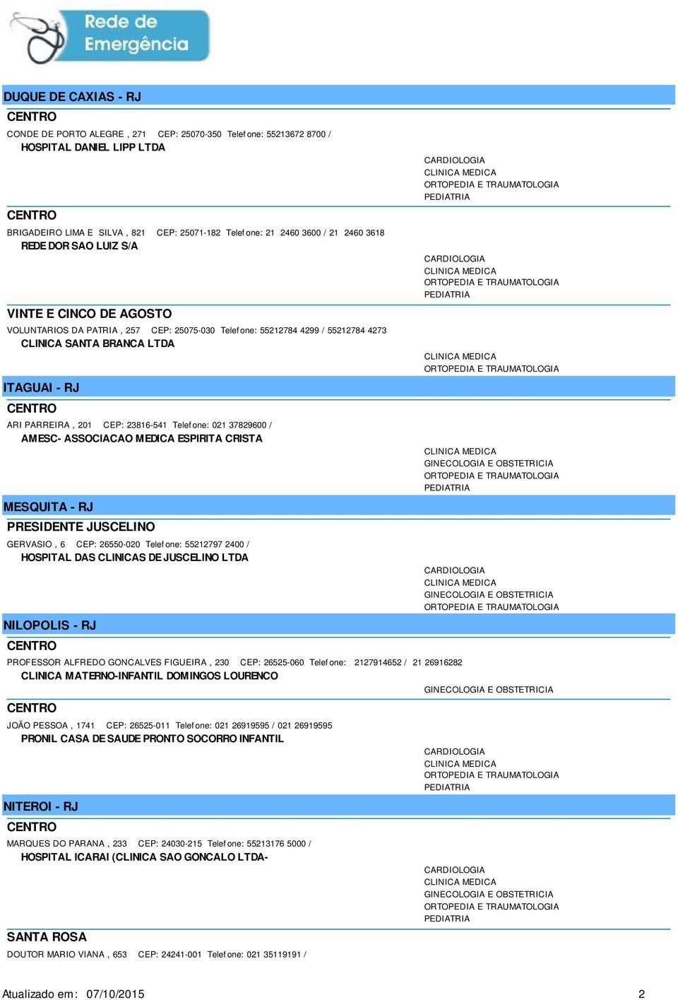 23816-541 Telef one: 021 37829600 / MESQUITA - RJ PRESIDENTE JUSCELINO GERVASIO, 6 CEP: 26550-020 Telef one: 55212797 2400 / HOSPITAL DAS CLINICAS DE JUSCELINO LTDA NILOPOLIS - RJ PROFESSOR ALFREDO