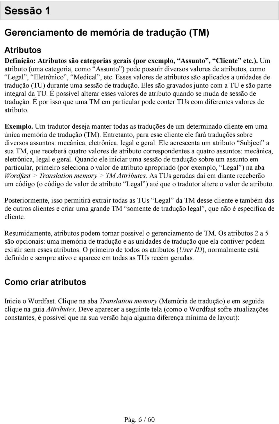 É possível alterar esses valores de atributo quando se muda de sessão de tradução. É por isso que uma TM em particular pode conter TUs com diferentes valores de atributo. Exemplo.