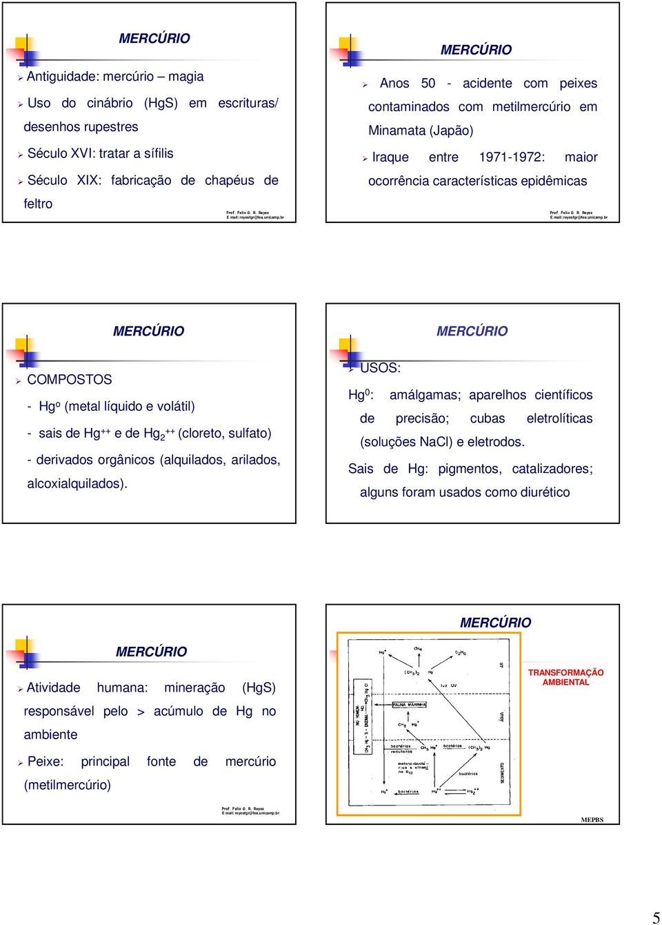 - derivados orgânicos (alquilados, arilados, alcoxialquilados). USOS: Hg 0 : amálgamas; aparelhos científicos de precisão; cubas eletrolíticas (soluções NaCl) e eletrodos.