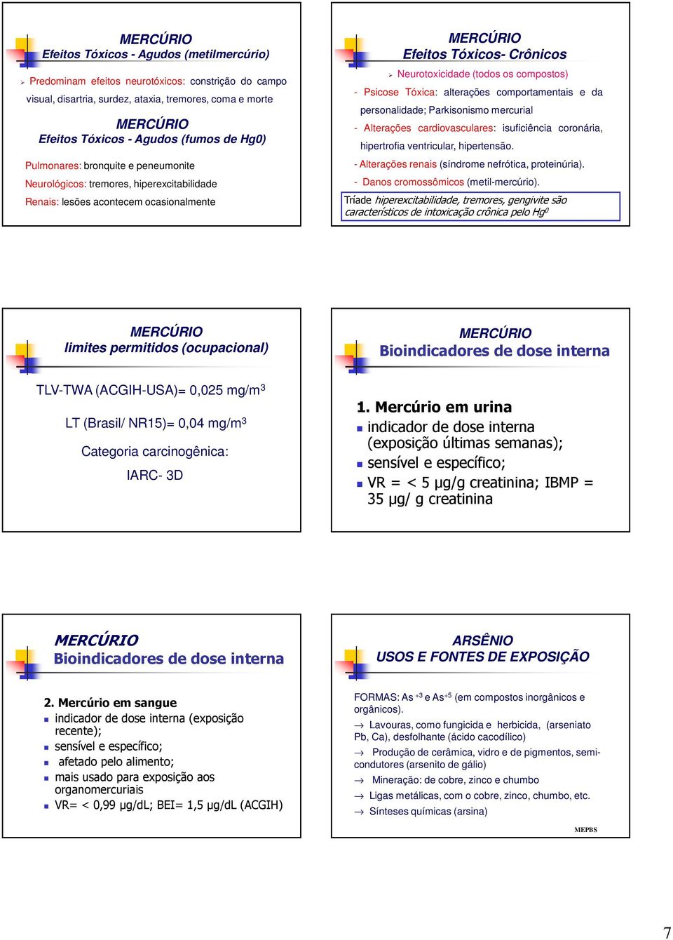 Tóxica: alterações comportamentais e da personalidade; Parkisonismo mercurial - Alterações cardiovasculares: isuficiência coronária, hipertrofia ventricular, hipertensão.