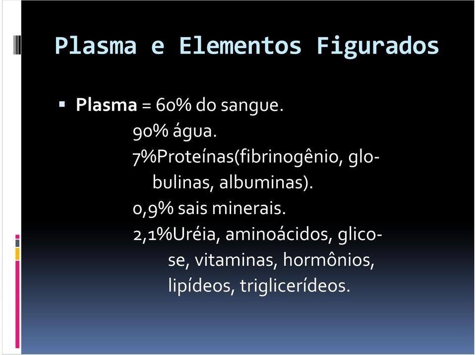 7%Proteínas(fibrinogênio, glo- bulinas, albuminas).