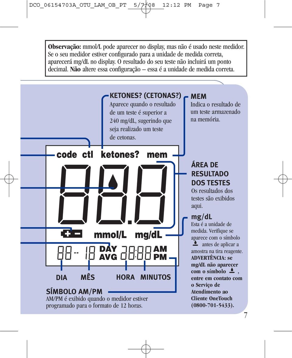 Não altere essa configuração essa é a unidade de medida correta. KETONES? (CETONAS?) Aparece quando o resultado de um teste é superior a 240 mg/dl, sugerindo que seja realizado um teste de cetonas.