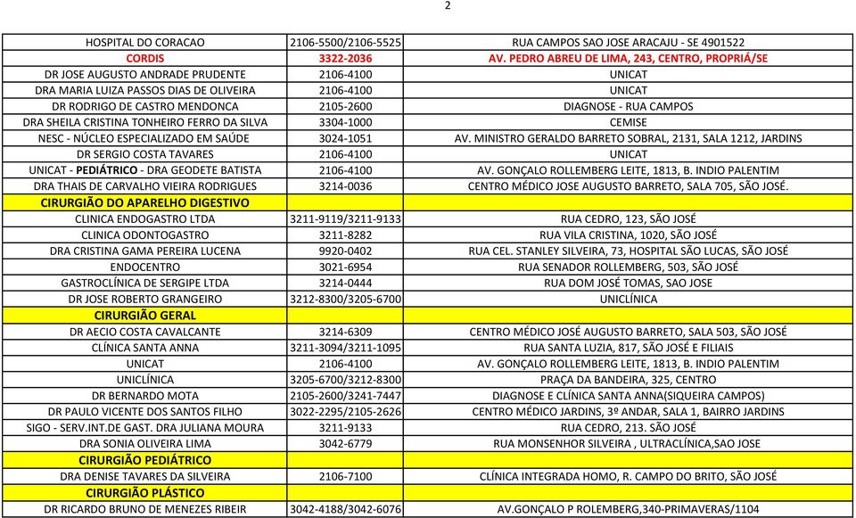 DIAGNOSE - RUA CAMPOS DRA SHEILA CRISTINA TONHEIRO FERRO DA SILVA 3304-1000 CEMISE NESC - NÚCLEO ESPECIALIZADO EM SAÚDE 3024-1051 AV.