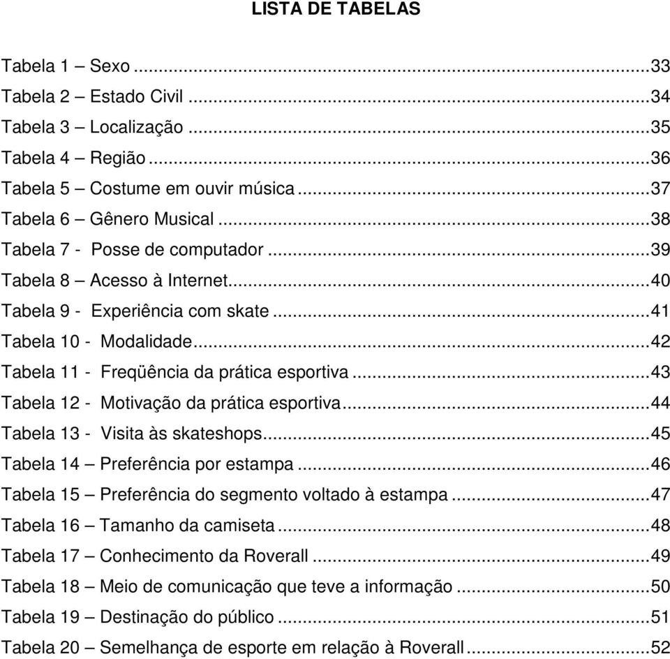 ..43 Tabela 12 - Motivação da prática esportiva...44 Tabela 13 - Visita às skateshops...45 Tabela 14 Preferência por estampa...46 Tabela 15 Preferência do segmento voltado à estampa.