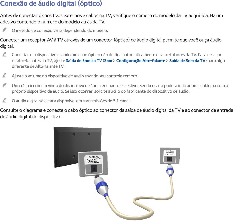 Conectar um dispositivo usando um cabo óptico não desliga automaticamente os alto-falantes da TV.