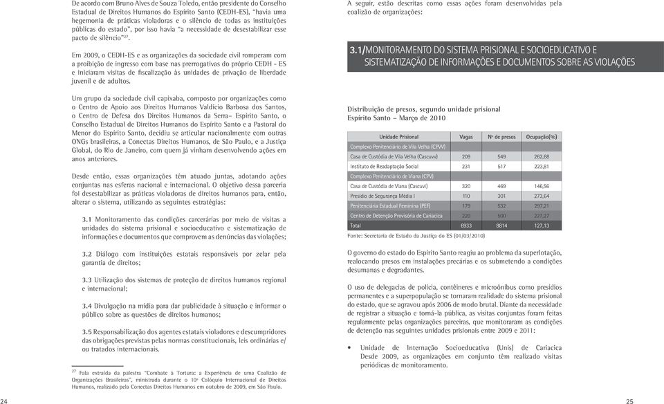 Em 2009, o CEDH-ES e as organizações da sociedade civil romperam com a proibição de ingresso com base nas prerrogativas do próprio CEDH - ES e iniciaram visitas de fiscalização às unidades de