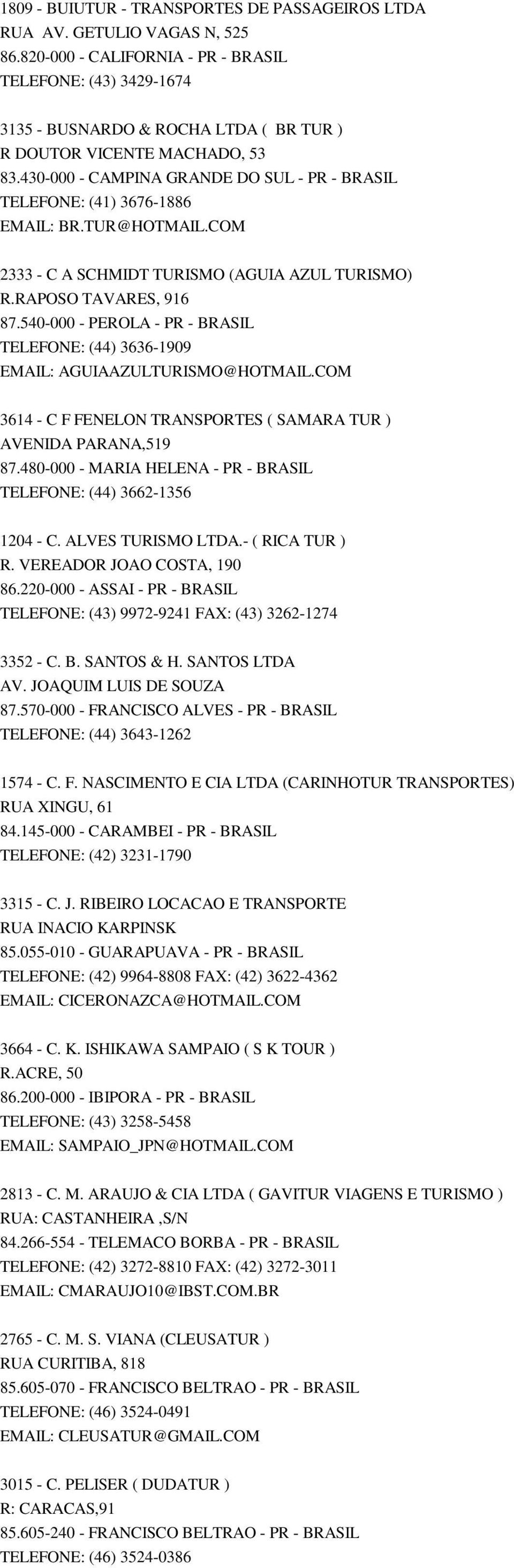 430-000 - CAMPINA GRANDE DO SUL - PR - BRASIL TELEFONE: (41) 3676-1886 EMAIL: BR.TUR@HOTMAIL.COM 2333 - C A SCHMIDT TURISMO (AGUIA AZUL TURISMO) R.RAPOSO TAVARES, 916 87.