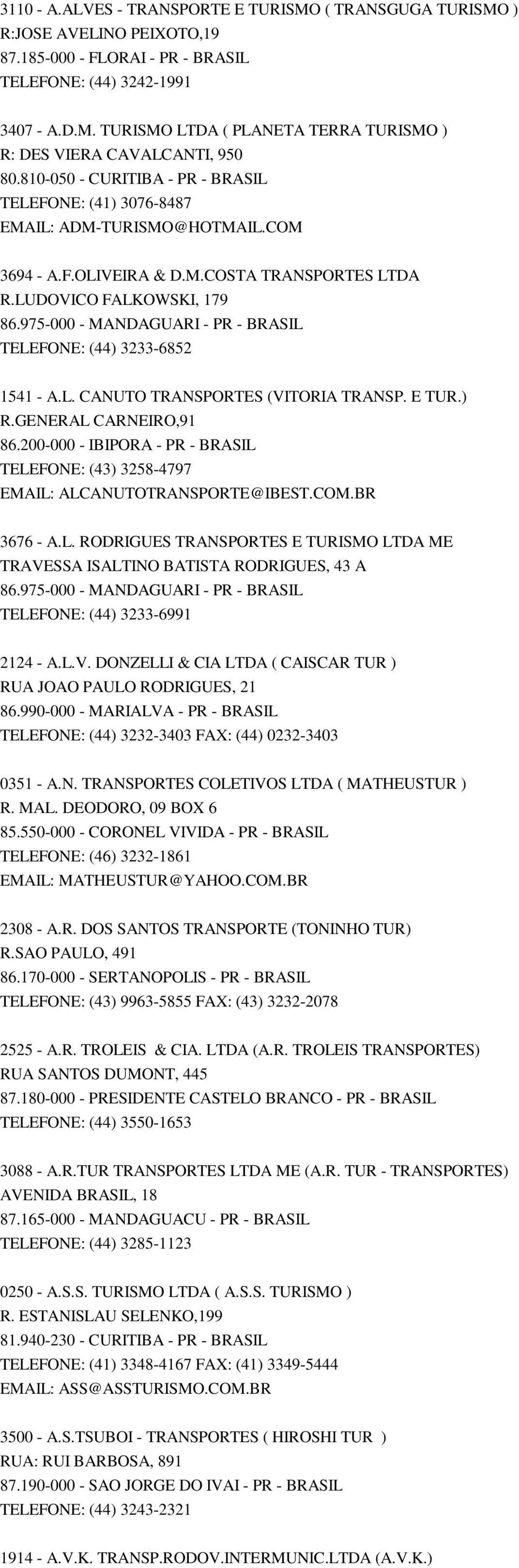 975-000 - MANDAGUARI - PR - BRASIL TELEFONE: (44) 3233-6852 1541 - A.L. CANUTO TRANSPORTES (VITORIA TRANSP. E TUR.) R.GENERAL CARNEIRO,91 86.