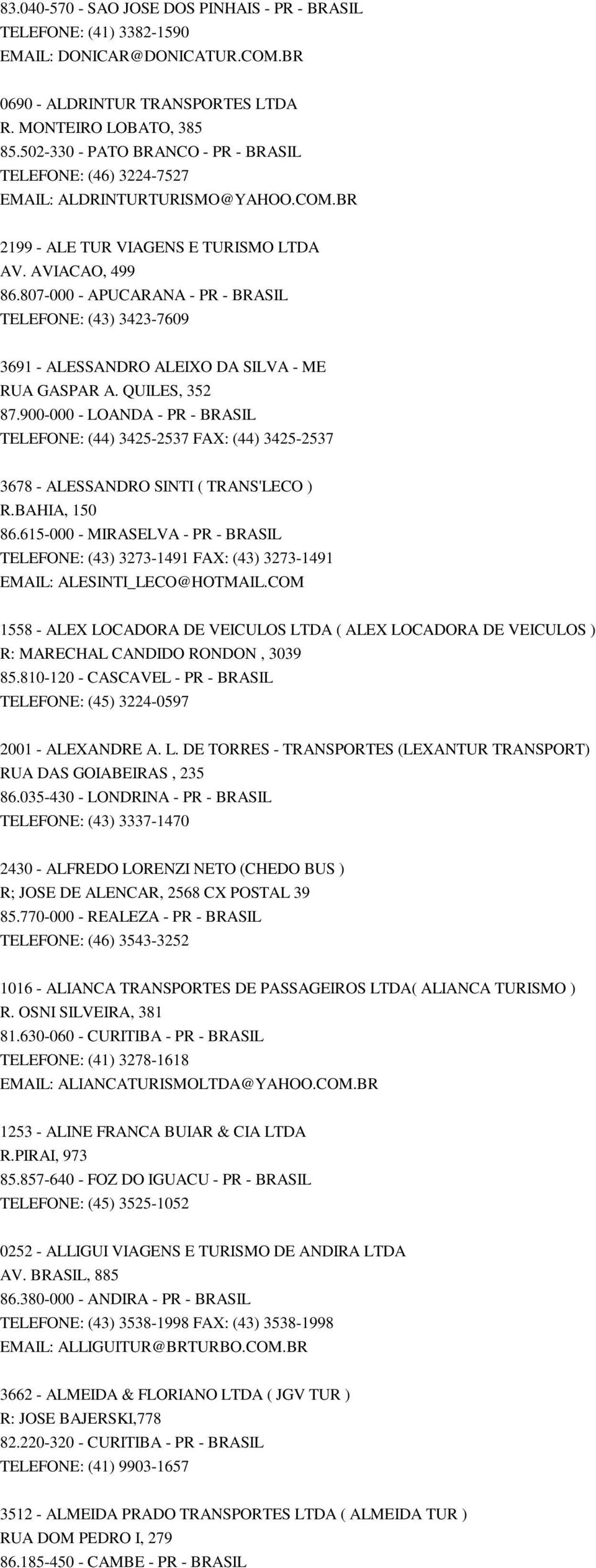 807-000 - APUCARANA - PR - BRASIL TELEFONE: (43) 3423-7609 3691 - ALESSANDRO ALEIXO DA SILVA - ME RUA GASPAR A. QUILES, 352 87.