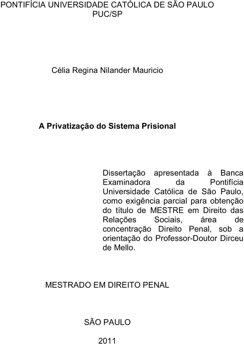 Paulo, como exigência parcial para obtenção do título de MESTRE em Direito das Relações Sociais, área de