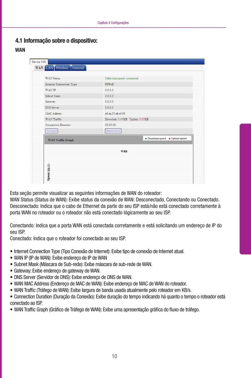 Desconectado: Indica que o cabo de Ethernet da parte do seu ISP está/não está conectado corretamente à porta WAN no roteador ou o roteador não está conectado lógicamente ao seu ISP.