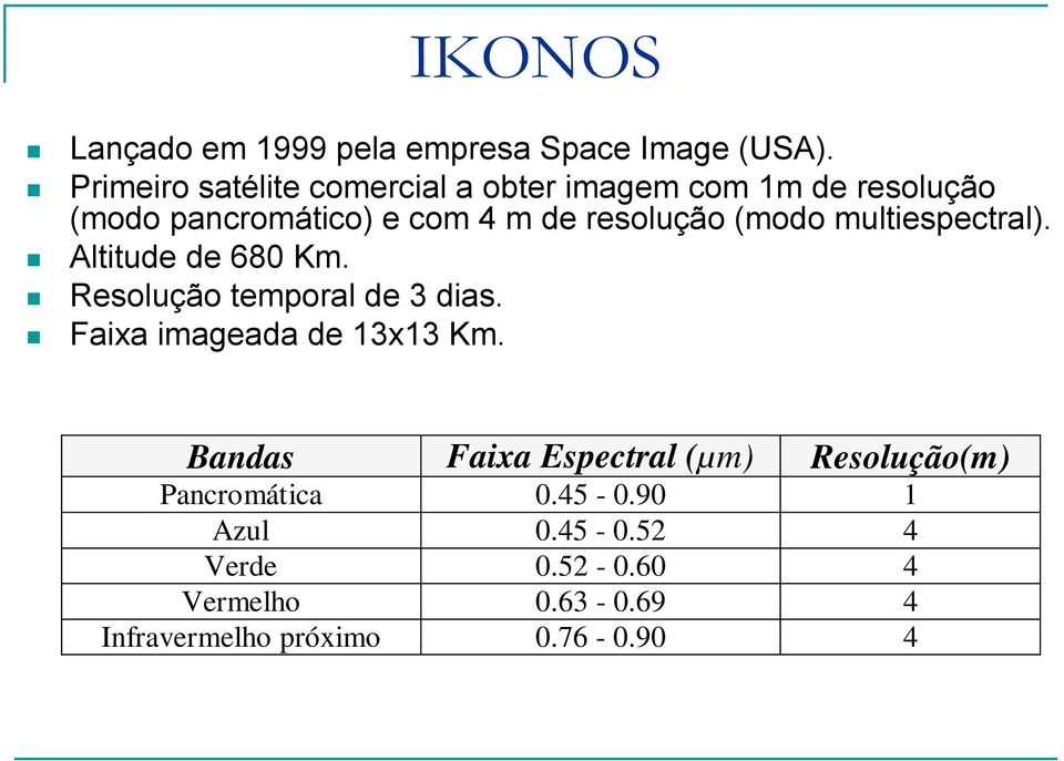 resolução (modo multiespectral). Altitude de 680 Km. Resolução temporal de 3 dias.