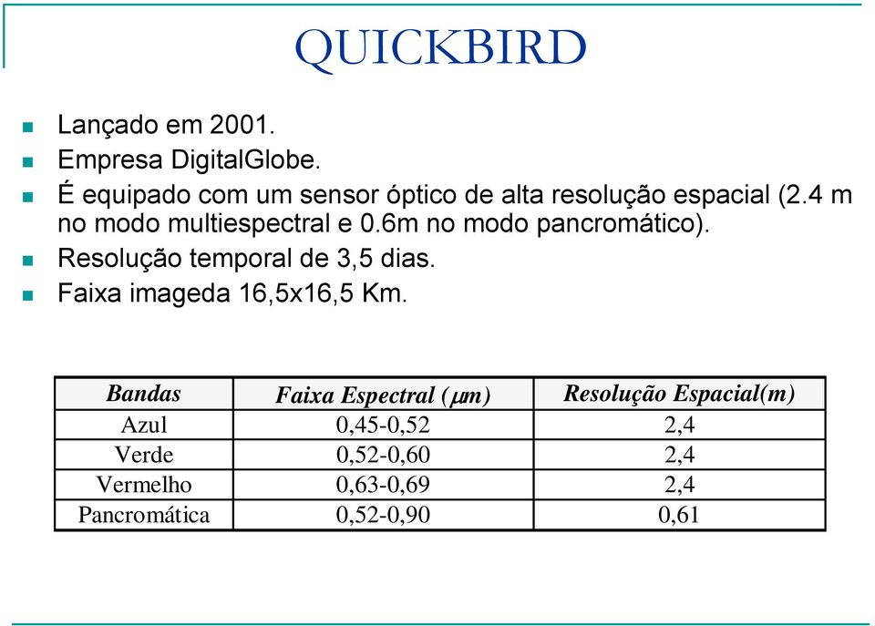 4 m no modo multiespectral e 0.6m no modo pancromático). Resolução temporal de 3,5 dias.