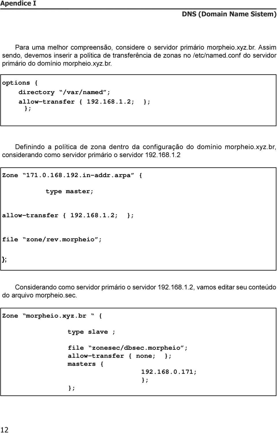 xyz.br, considerando como servidor primário o servidor 192.168.1.2 Zone 171.0.168.192.in-addr.arpa { type master; allow-transfer { 192.168.1.2; }; file zone/rev.