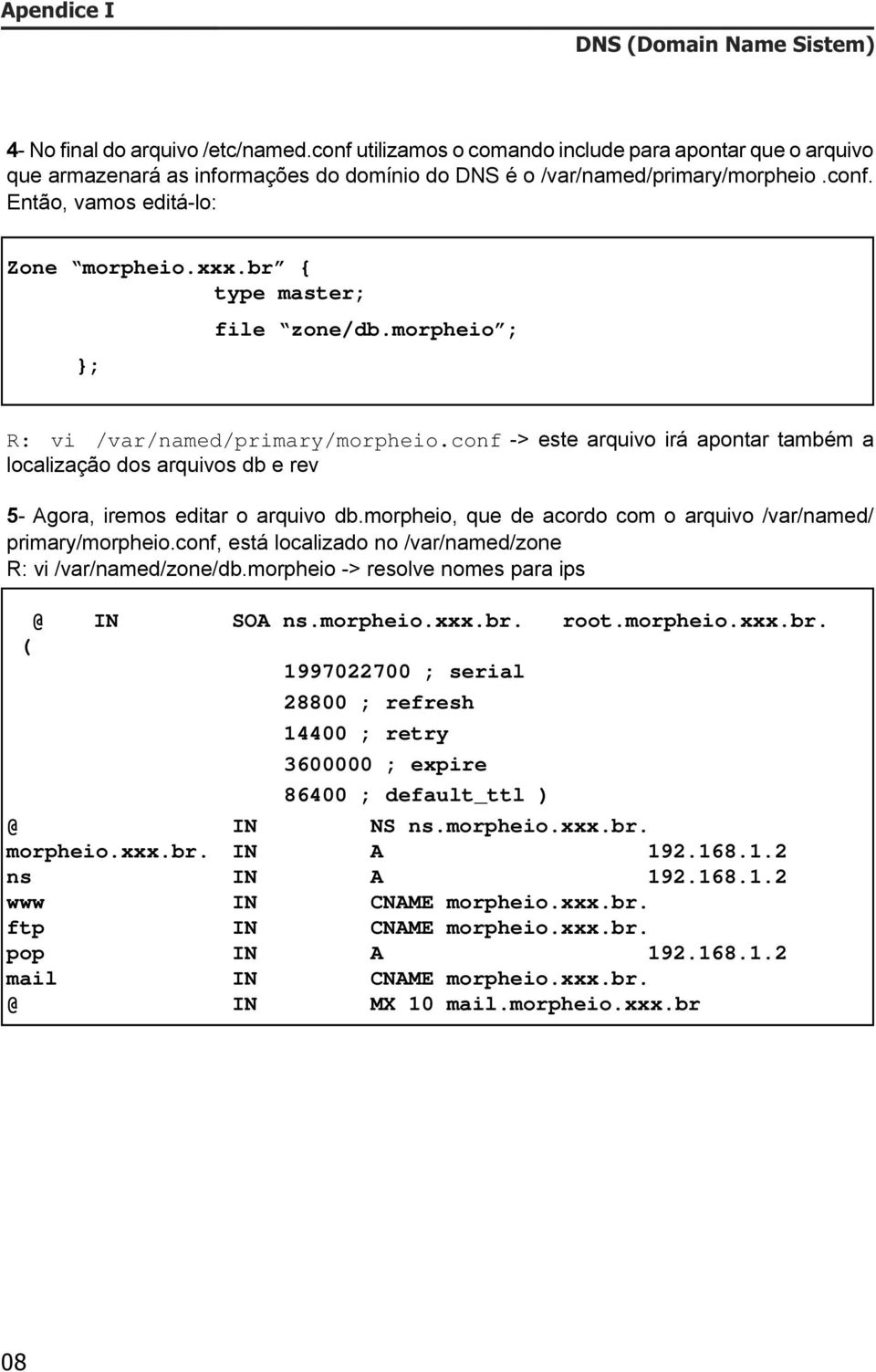 morpheio, que de acordo com o arquivo /var/named/ primary/morpheio.conf, está localizado no /var/named/zone R: vi /var/named/zone/db.morpheio -> resolve nomes para ips @ IN SOA ns.morpheio.xxx.br.