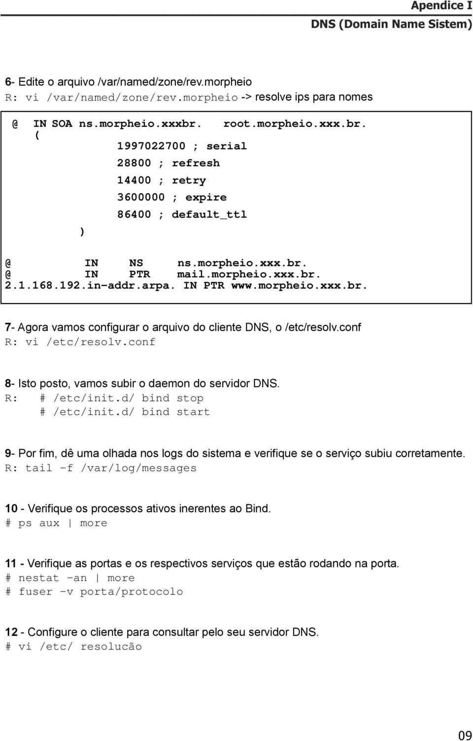 IN PTR www.morpheio.xxx.br. 7- Agora vamos configurar o arquivo do cliente DNS, o /etc/resolv.conf R: vi /etc/resolv.conf 8- Isto posto, vamos subir o daemon do servidor DNS. R: # /etc/init.