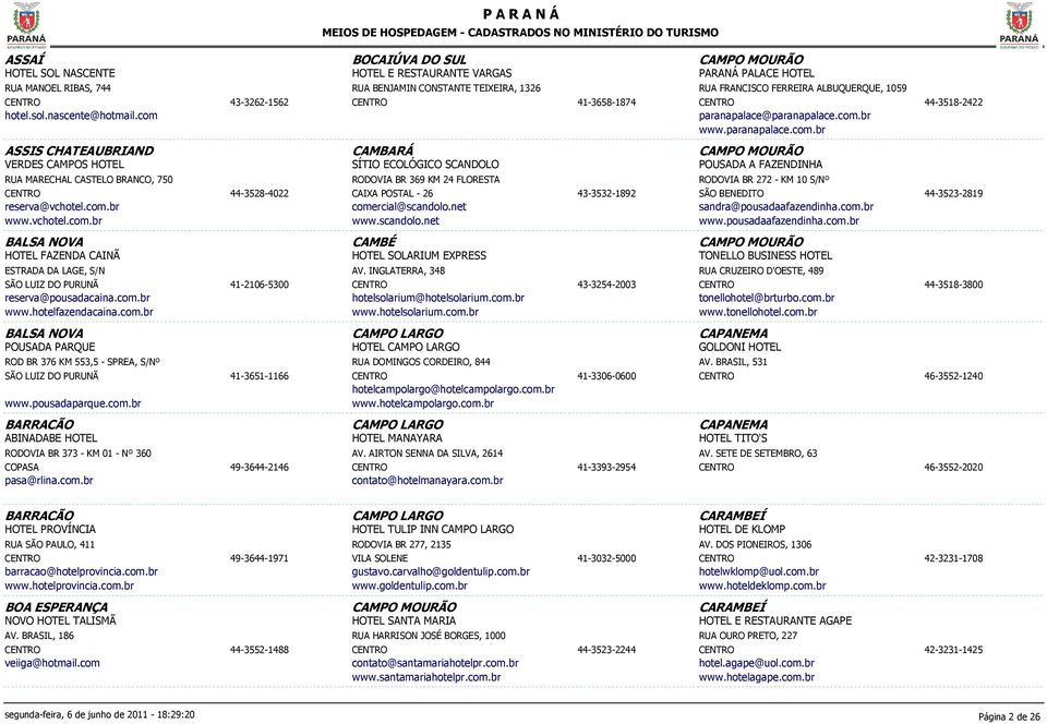 paranapalace@paranapalace.com.br www.paranapalace.com.br 44-3518-2422 ASSIS CHATEAUBRIAND VERDES CAMPOS HOTEL RUA MARECHAL CASTELO BRANCO, 750 reserva@vchotel.com.br www.vchotel.com.br 44-3528-4022 CAMBARÁ SÍTIO ECOLÓGICO SCANDOLO RODOVIA BR 369 KM 24 FLORESTA CAIXA POSTAL - 26 comercial@scandolo.