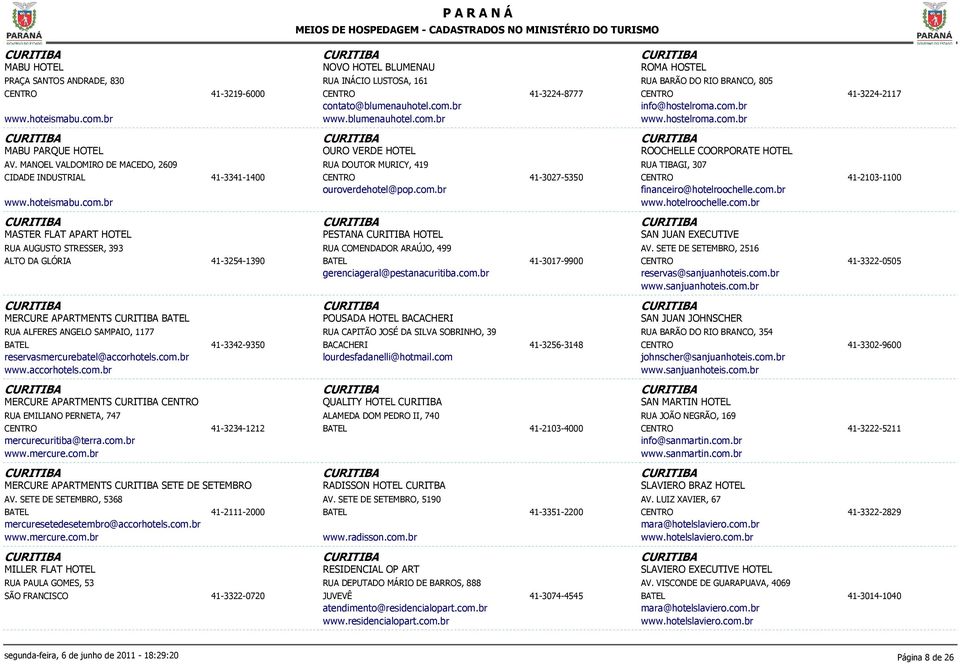 com.br 41-3027-5350 ROOCHELLE COORPORATE HOTEL RUA TIBAGI, 307 financeiro@hotelroochelle.com.br www.hotelroochelle.com.br 41-2103-1100 MASTER FLAT APART HOTEL RUA AUGUSTO STRESSER, 393 ALTO DA GLÓRIA 41-3254-1390 PESTANA HOTEL RUA COMENDADOR ARAÚJO, 499 gerenciageral@pestanacuritiba.