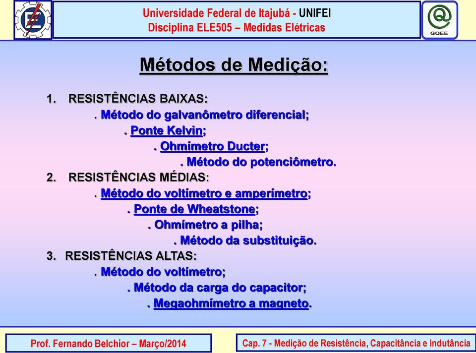 Método do voltímetro e amperímetro;. Ponte de Wheatstone;. Ohmímetro a pilha;.