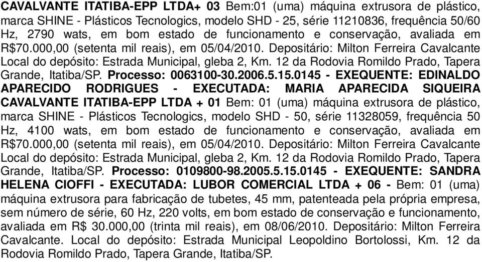 12 da Rodovia Romildo Prado, Tapera Grande, Itatiba/SP. Processo: 0063100-30.2006.5.15.