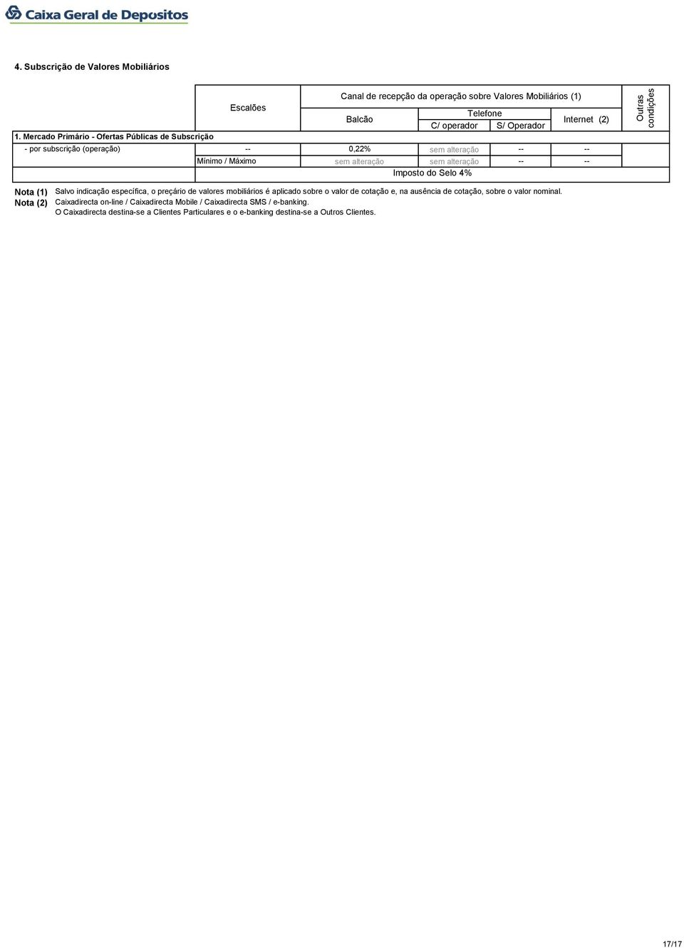 condições Nota Nota Salvo indicação específica, o preçário de valores mobiliários é aplicado sobre o valor de cotação e, na ausência de cotação, sobre o valor