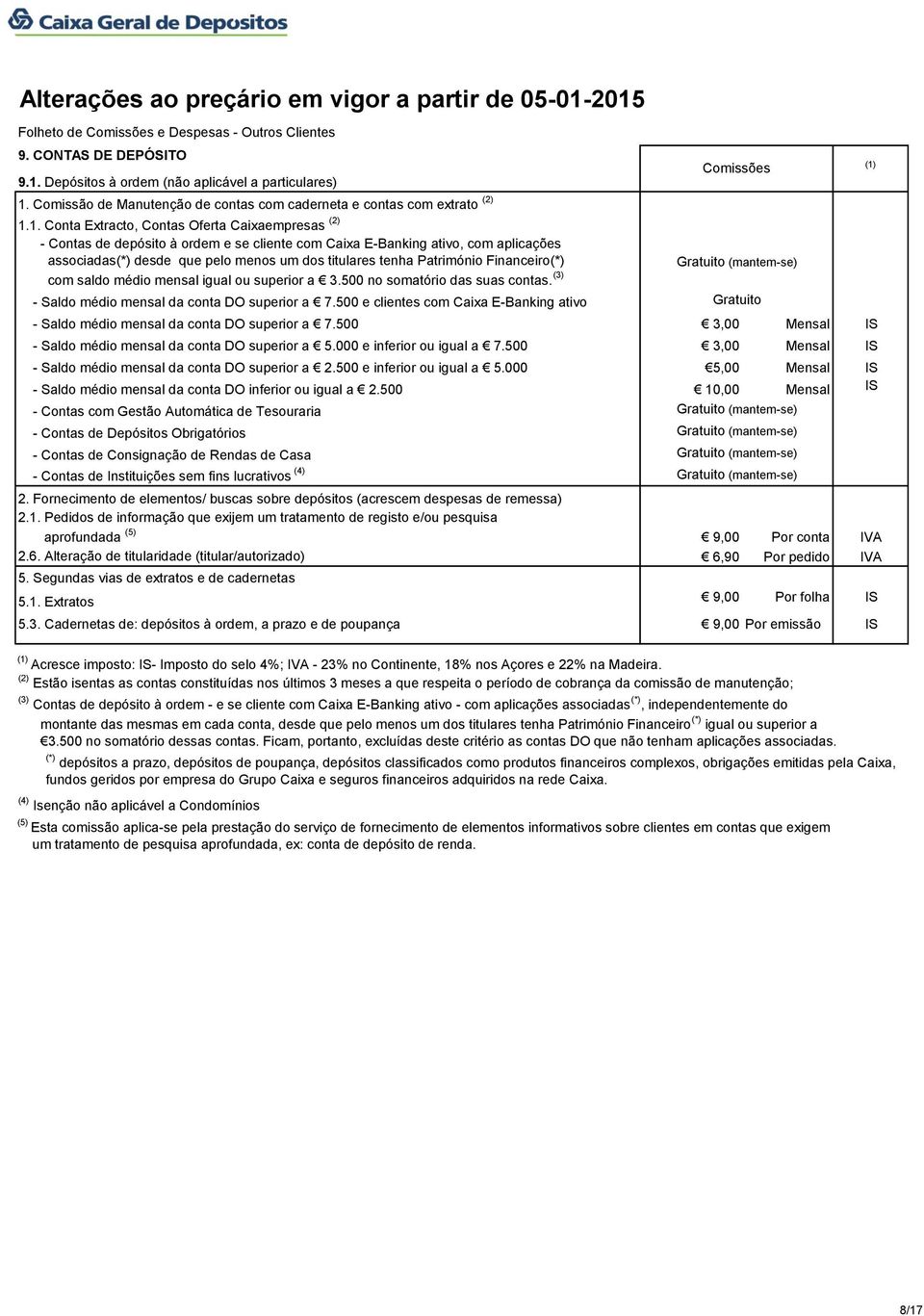 Comissão de Manutenção de contas com caderneta e contas com extrato 1.