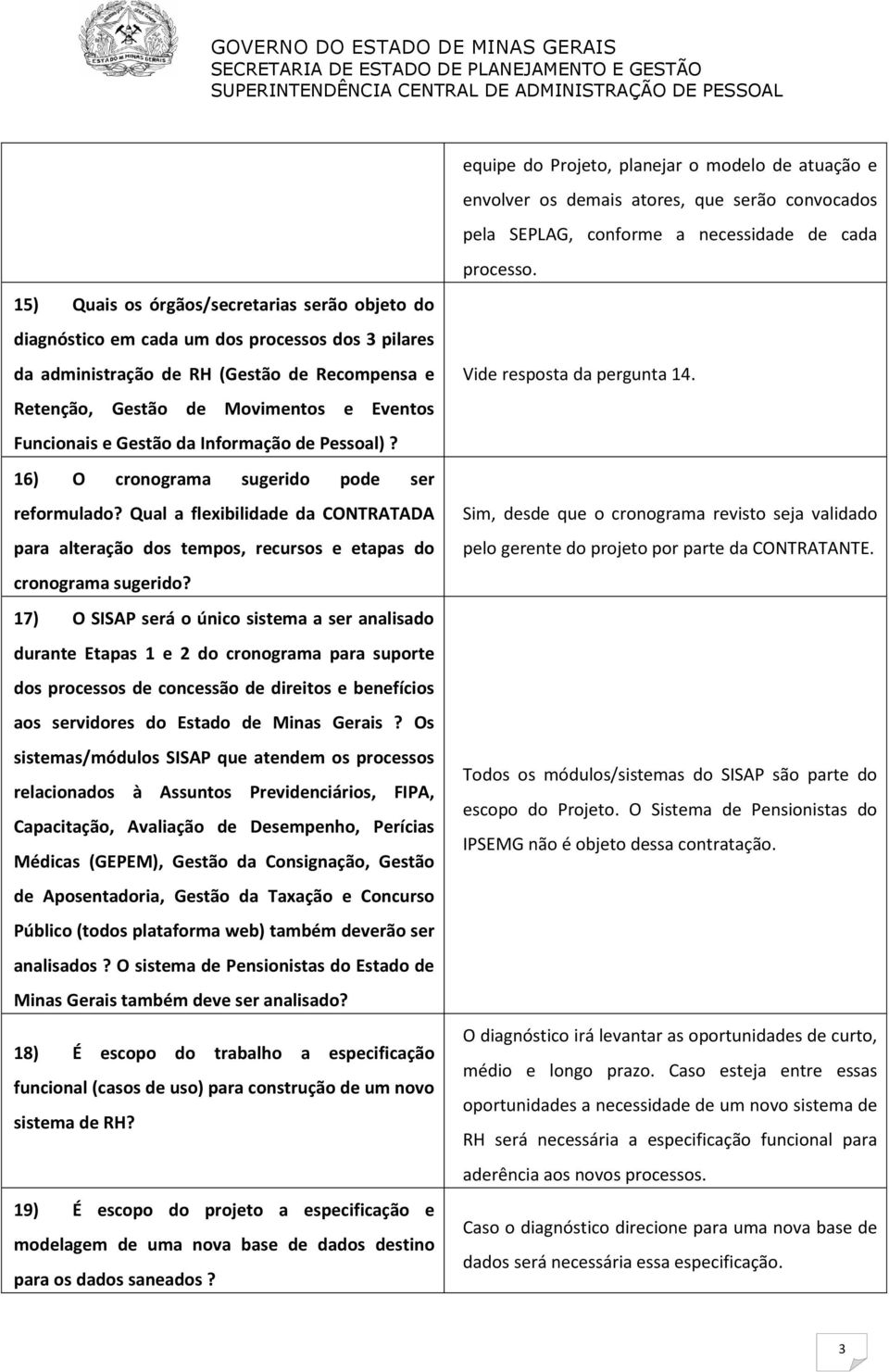 17) O SISAP será o único sistema a ser analisado durante Etapas 1 e 2 do cronograma para suporte dos processos de concessão de direitos e benefícios aos servidores do Estado de Minas Gerais?