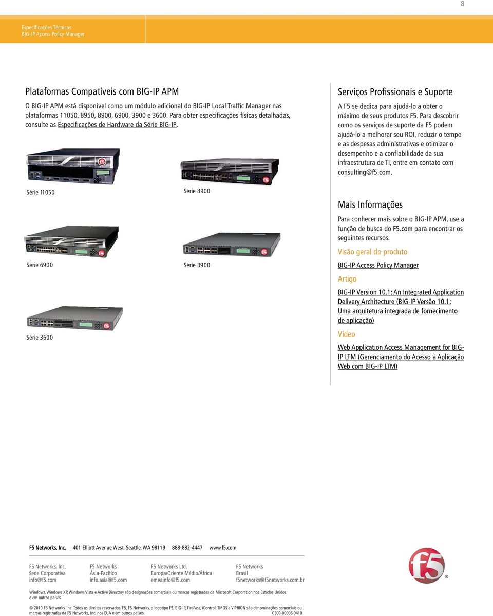 Série 11050 Série 8900 Série 6900 Série 3600 Série 3900 Serviços Profissionais e Suporte A F5 se dedica para ajudá-lo a obter o máximo de seus produtos F5.