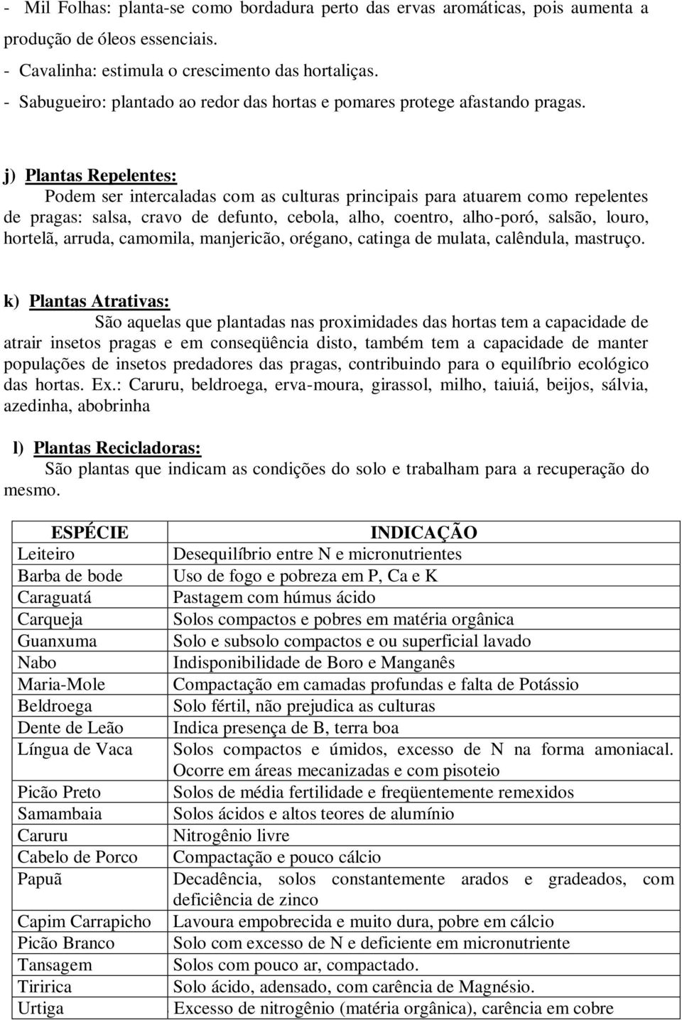 j) Plantas Repelentes: Podem ser intercaladas com as culturas principais para atuarem como repelentes de pragas: salsa, cravo de defunto, cebola, alho, coentro, alho-poró, salsão, louro, hortelã,