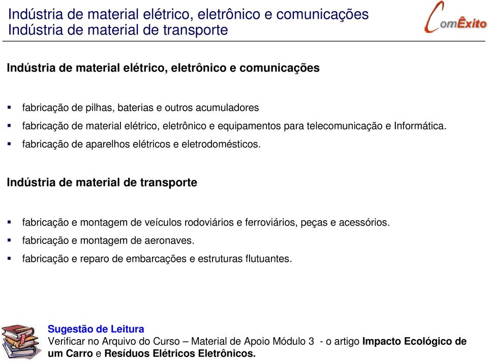 Indústria de material de transporte fabricação e montagem de veículos rodoviários e ferroviários, peças e acessórios. fabricação e montagem de aeronaves.