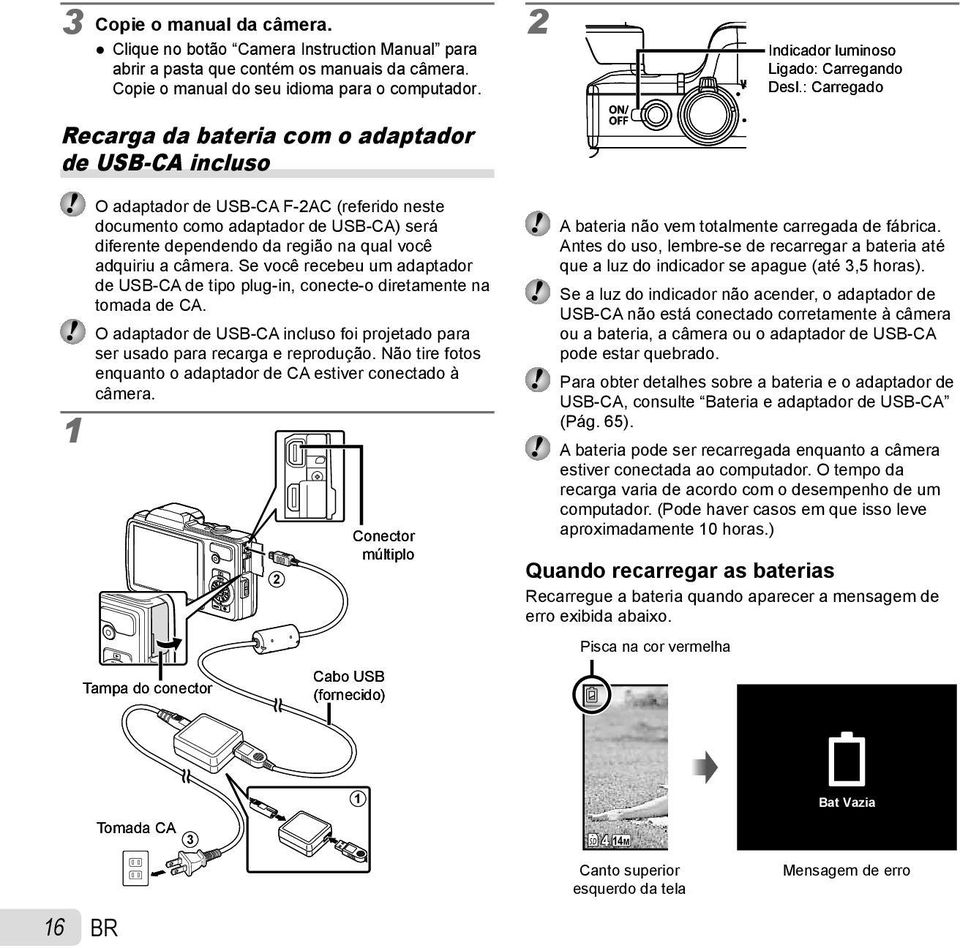 : Carregado O adaptador de USB-CA F-2AC (referido neste documento como adaptador de USB-CA) será diferente dependendo da região na qual você adquiriu a câmera.