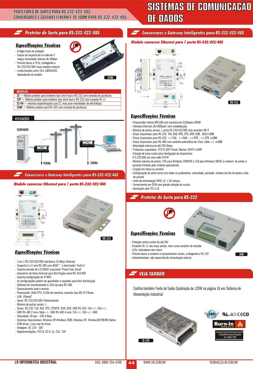 180VAC/DC, dependendo do modelo 22NX Módulo conversor Ethernet para 1 porta /422/485 22 = Módulo protetor para modems tipo short haul e com conexão de parafusos 22P = Módulo protetor para modems tipo