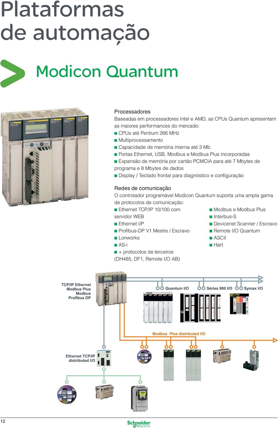 de dados n Display / Teclado frontal para diagnóstico e configuração Redes de comunicação O controlador programável Modicon Quantum suporta uma ampla gama de protocolos de comunicação: n Ethernet