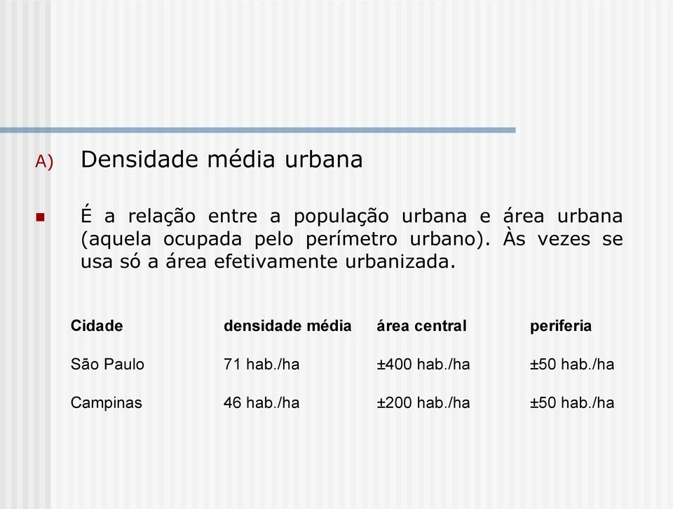 Às vezes se usa só a área efetivamente urbanizada.