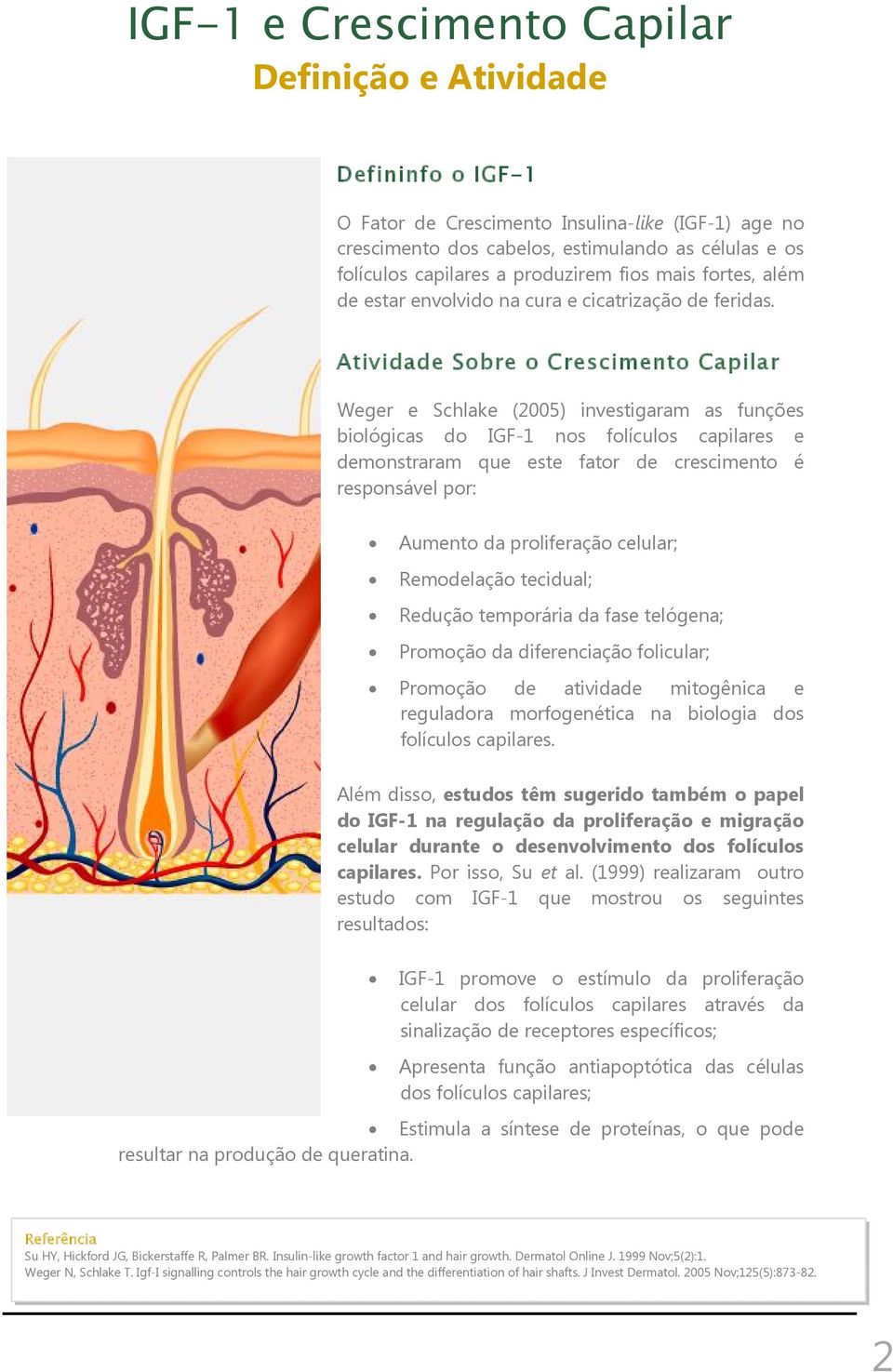 Atividade Sobre o Crescimento Capilar Weger e Schlake (2005) investigaram as funções biológicas do IGF-1 nos folículos capilares e demonstraram que este fator de crescimento é responsável por: